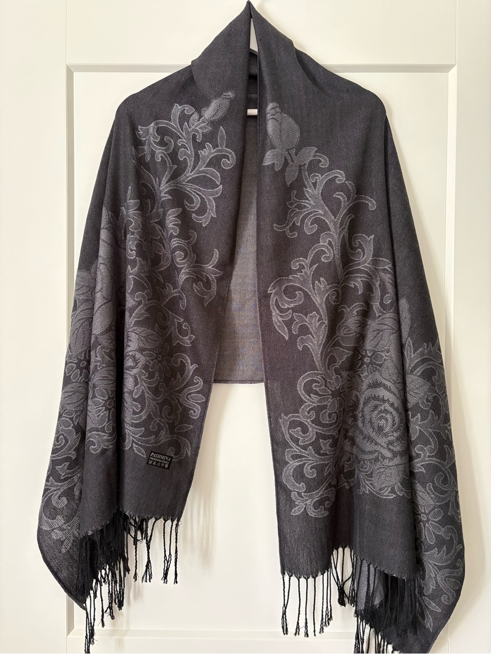 pashmina Charcoal Gray Jacquard Floral Fringe Wrap